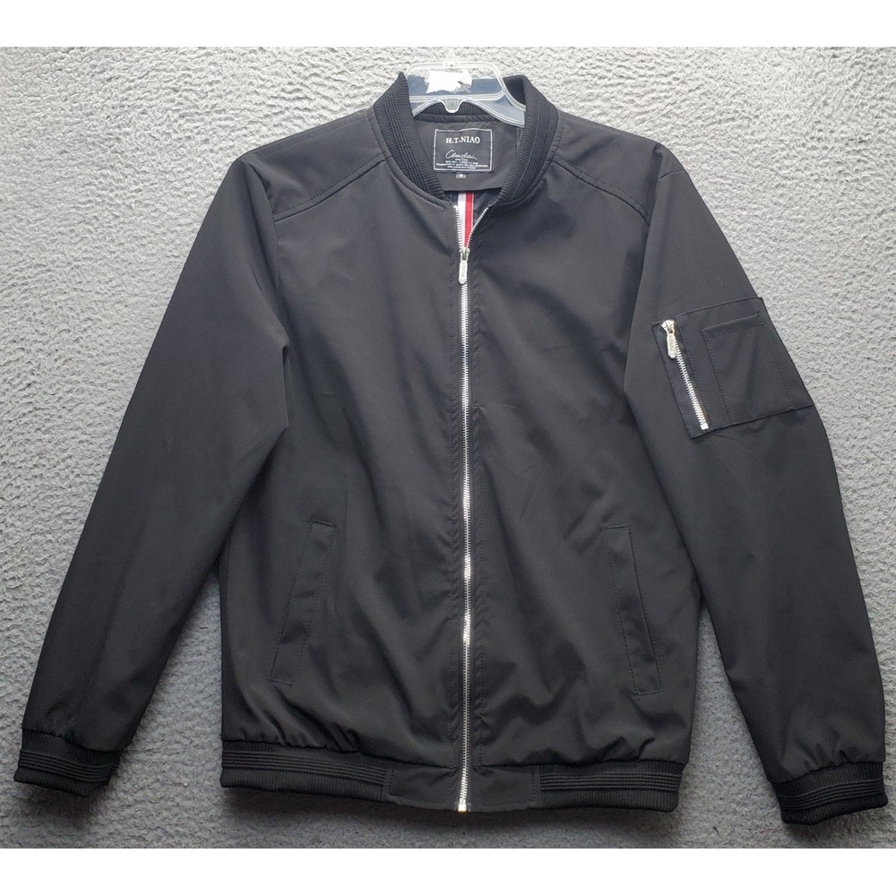 H.T. Niao Golf Swing Bomber Jacket Mens Medium Black Performance Full Zip EUC